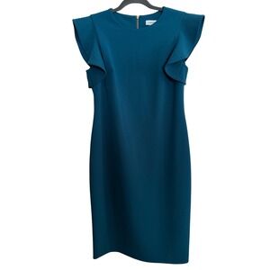 Calvin Klein Teal Sheath Dress Flutter Sleeve Zipper sophisticated Sz 10 chic